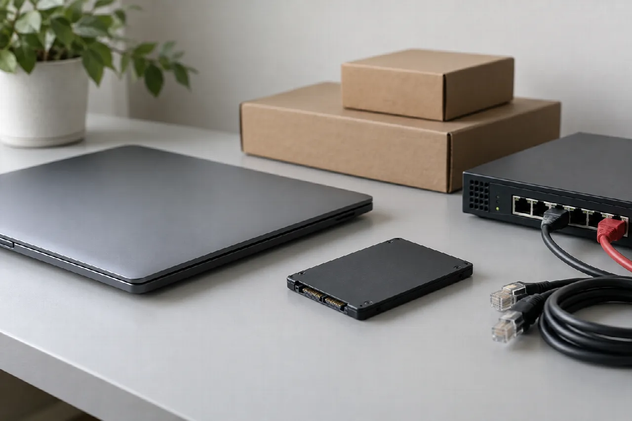 IT-Arbeitsplatz mit Notebook, Netzwerkgerät, externem Speicher und Netzwerkkabeln.